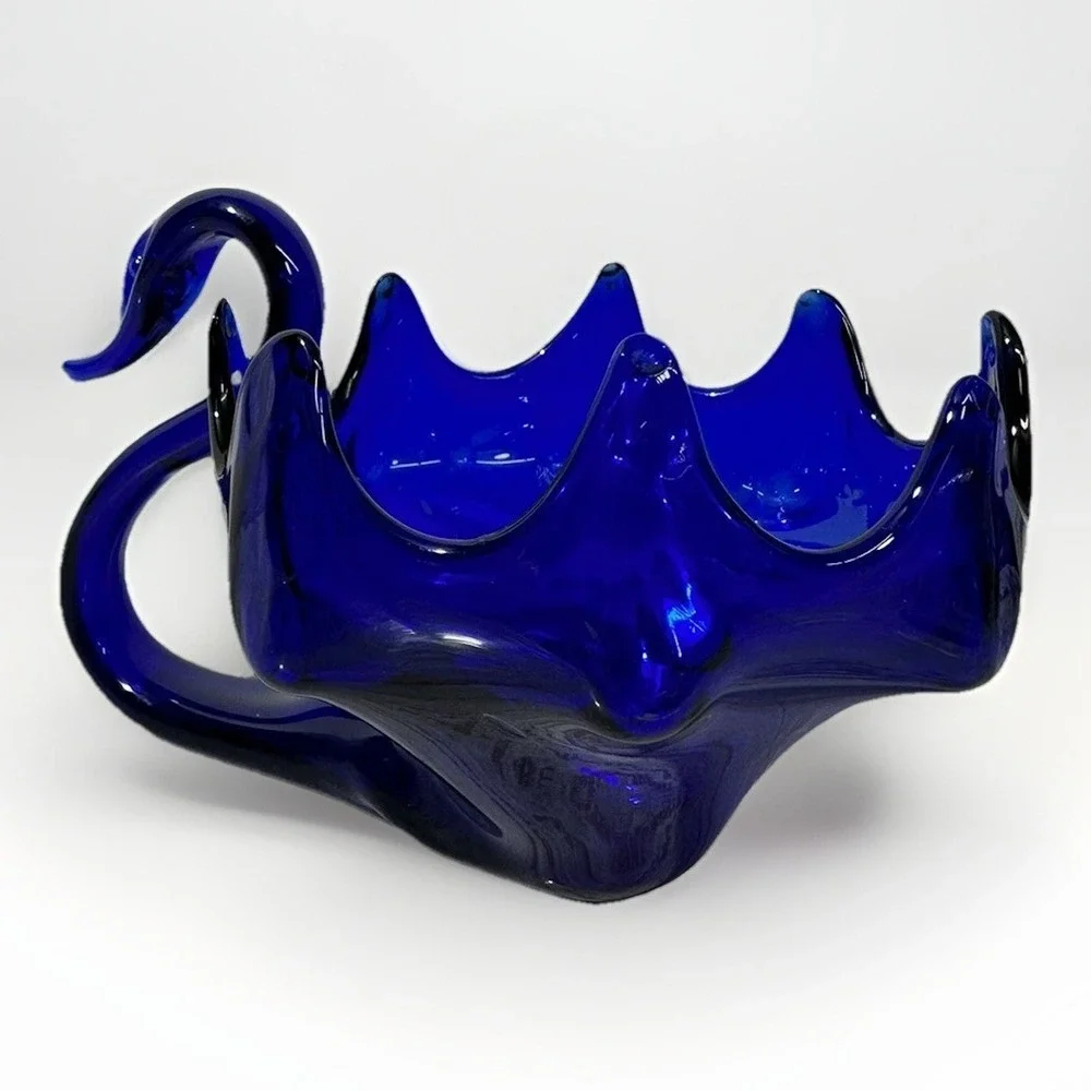 Vintage Cobalt Blue Blown Glass Swan Candy Dish MCM Decorative